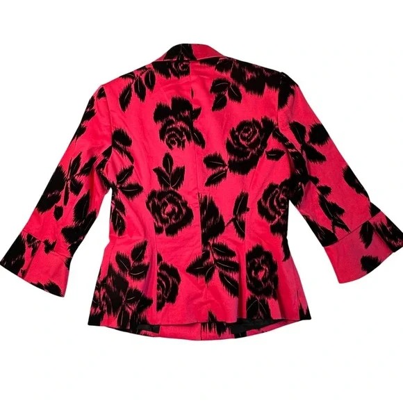Trina Turk Pink Black Floral Blazer Womens 6 Bell Sleeve Button Career Cocktails - Picture 2 of 12